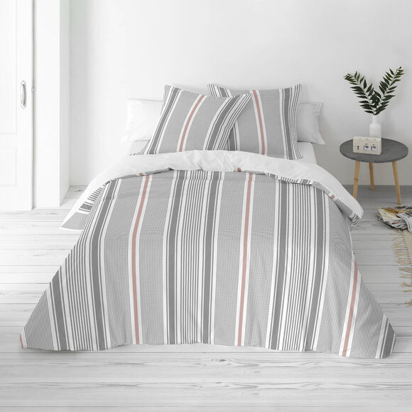 Linge de lit Alfred en coton imprim&eacute; rayures (gris)