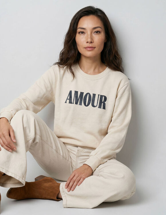 Sweatshirt met glanzende &lsquo;Amour&rsquo;-opdruk, van geruwd molton (ecru)