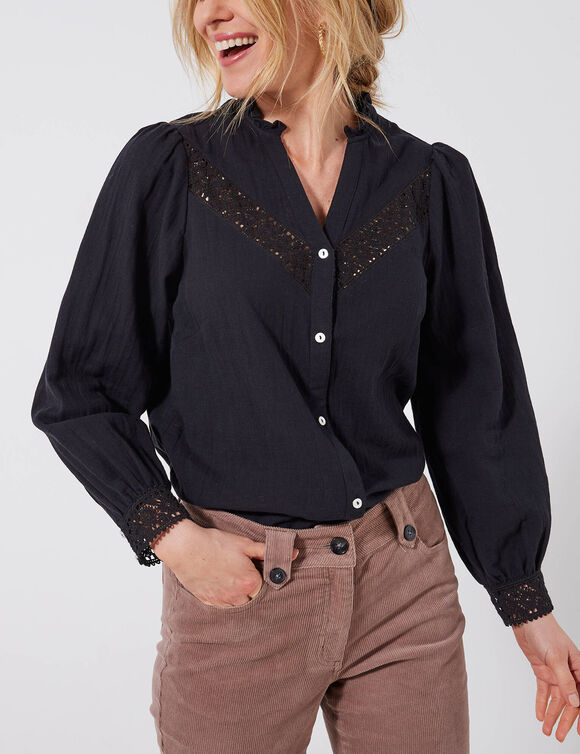 Chemisier boutonn&eacute; macram&eacute;, gaze de coton (noir)