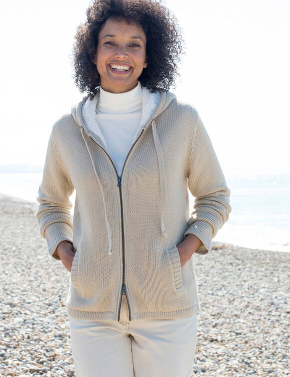 Gilet zipp&eacute; fourr&eacute; maille moulin&eacute;e (beige)
