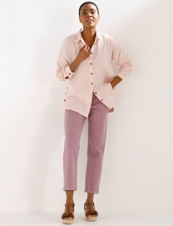 Chemise boutonn&eacute;e unie, gaze de coton (rose poudr&eacute;)