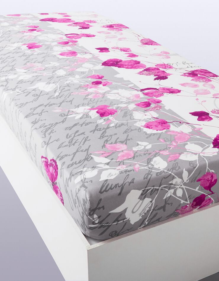 Linge de lit Célestine polycoton imprimé fleurs et papillons (gris / parme)