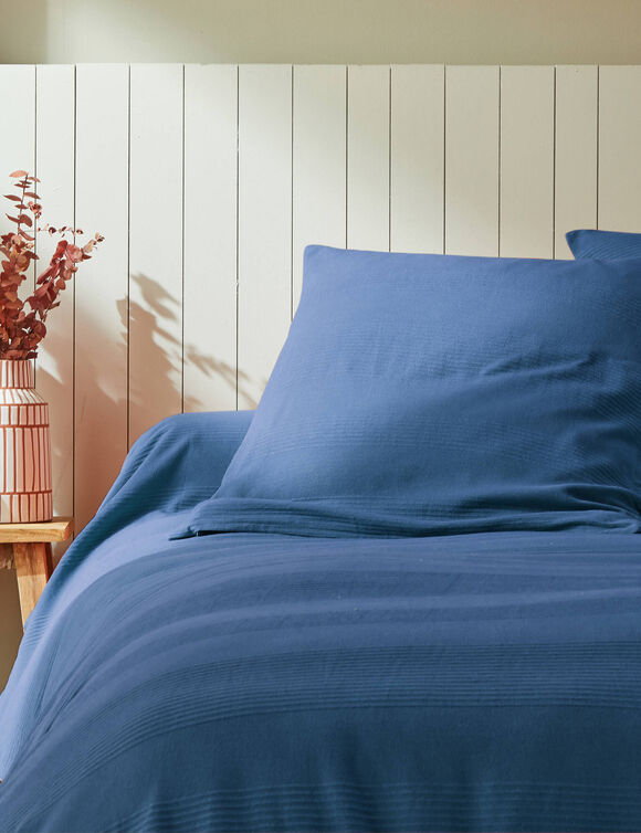 Jet&eacute; de lit uni tiss&eacute; coton (bleu)