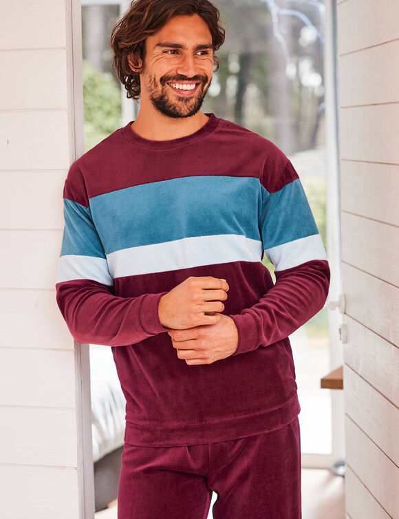 Pyjama tricolore velours manches longues (bordeaux)
