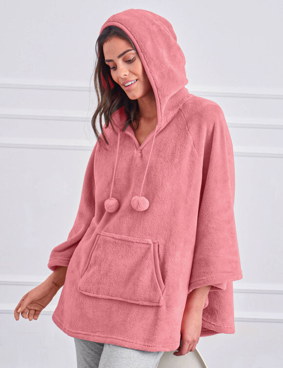 Poncho in fleece met pluchetouch en kap (poederroze)