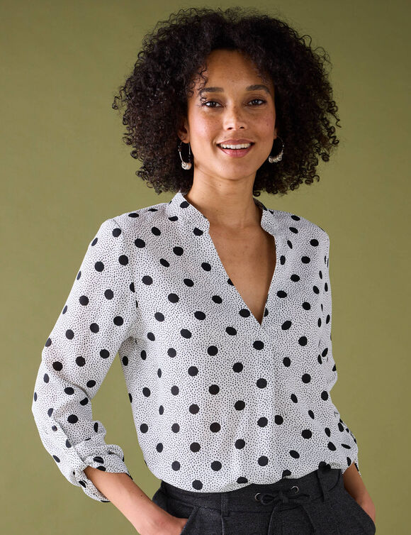 Blouse col tunisien imprim&eacute; pois, cr&ecirc;pe (&eacute;cru / noir)