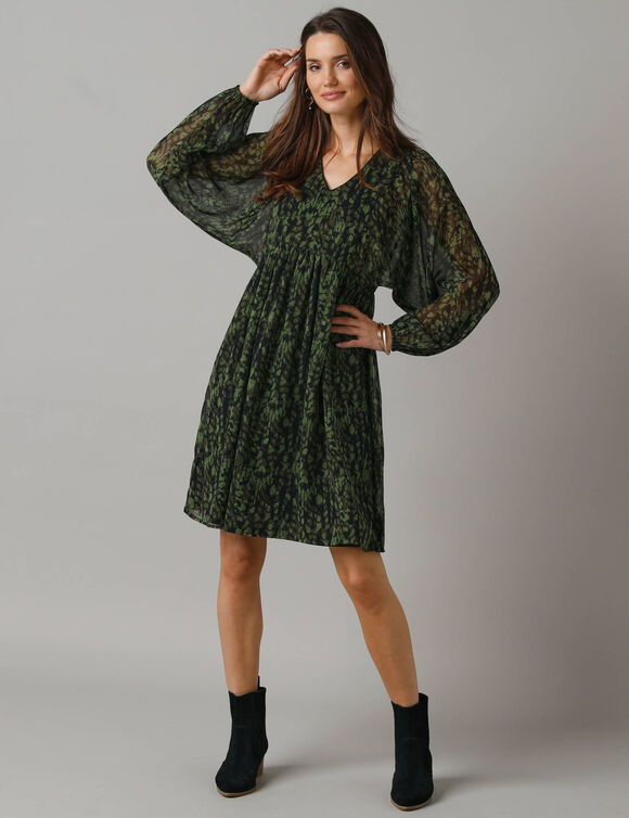 Robe courte manches amples, voile imprimé (kaki)