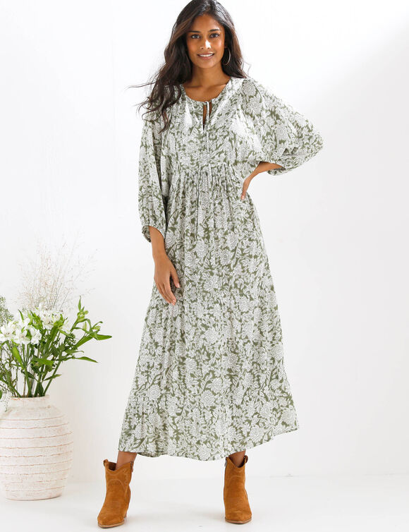 Robe longue imprim&eacute;e, cr&eacute;pon (kaki)