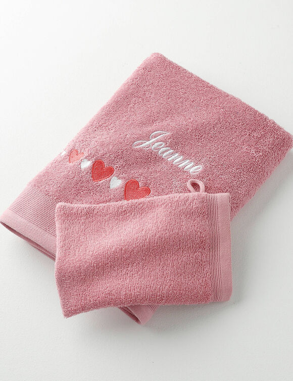 Serviettes de bain brod&eacute;es c&oelig;urs, personnalisable (vieux rose)