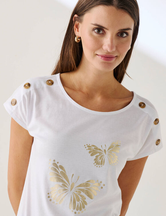 T-shirt col rond imprim&eacute; papillon dor&eacute; (blanc)