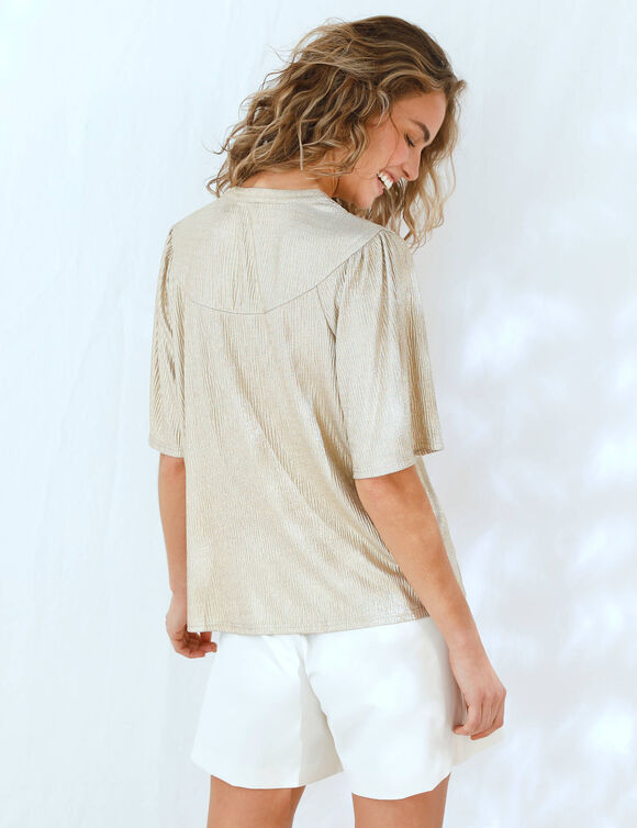 T-shirt doré manches "coude", maille fantaisie plissée (doré)