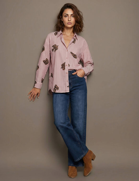 Chemise longue oversize en coton, rayures et imprim&eacute; (bordeaux / rose)