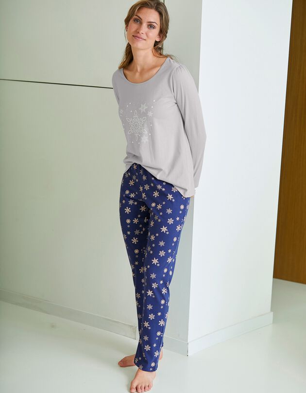 Pantalon pyjama coton imprimé flocons, marine, hi-res