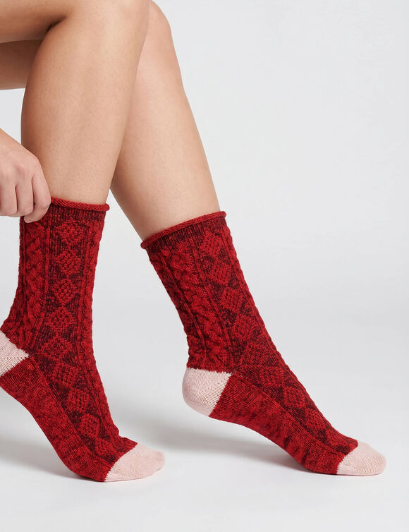 Chaussettes maille chenille torsad&eacute;e finitions contrast&eacute;es - lot de 2 paires (rouge / chocolat)