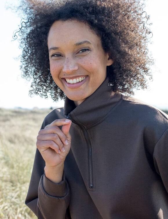 Sweat col montant zipp&eacute;, manches longues, maille milano (chocolat)