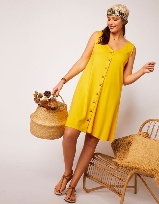 Mouwloze jurk met knoopsluiting en V-hals (geel)
