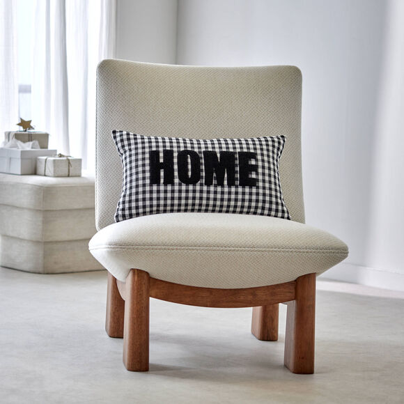 Coussin en coton, message HOME et carreaux tissé-teint  (noir)