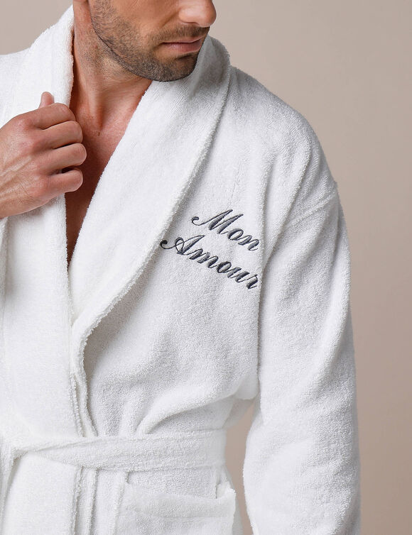 Badjas in lusjesbadstof met sjaalkraag, volwassenen, personaliseerbaar (wit)
