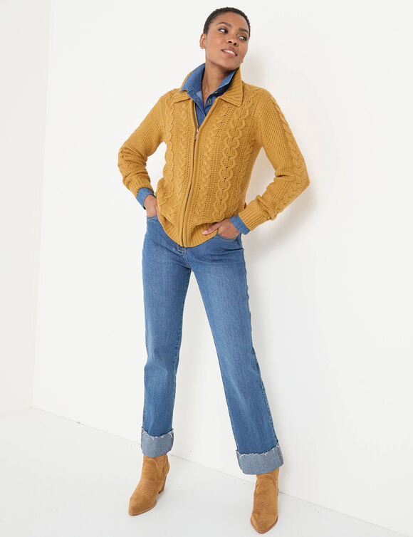 Gilet zippé col polo, maille torsadée (curry)