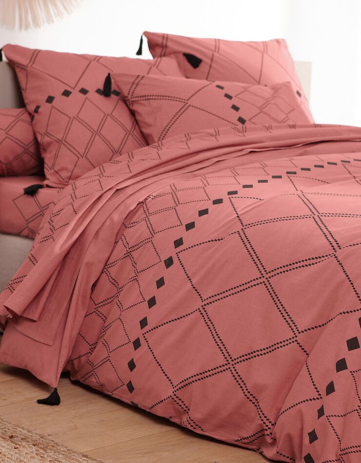 Linge de lit Massai coton à motifs graphiques et finitions pompons (terracotta)
