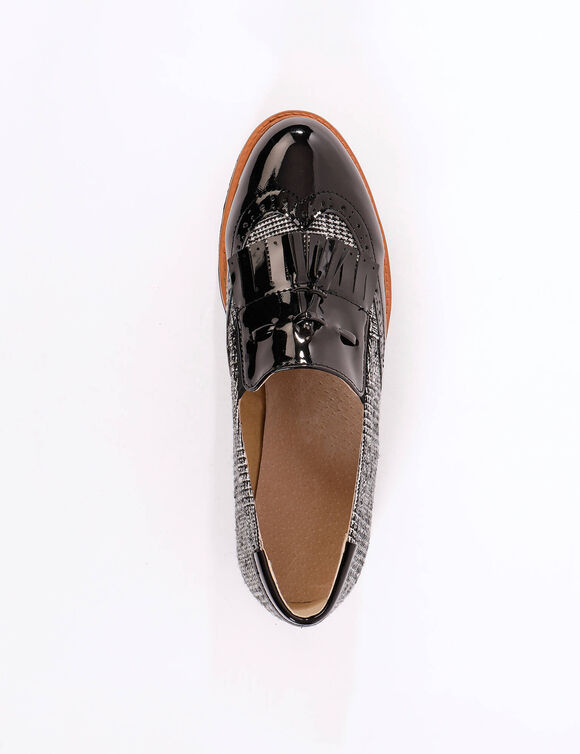 Slippers compens&eacute;es &agrave; franges et pompons - carreaux/gris (noir / gris)