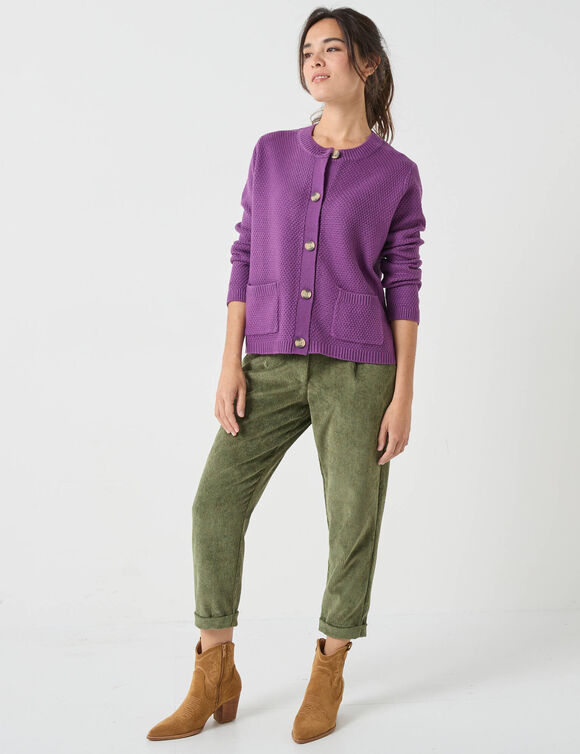 Gilet boutonn&eacute; manches longues, maille fantaisie (violet)