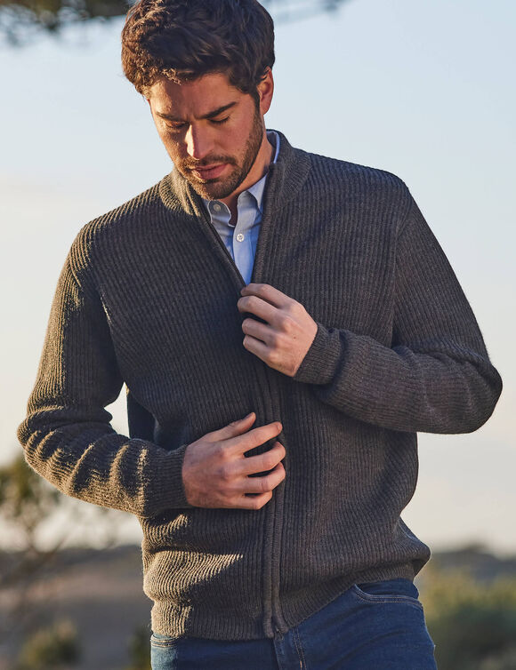 Gilet zippé côte anglaise 30% laine (gris anthracite)