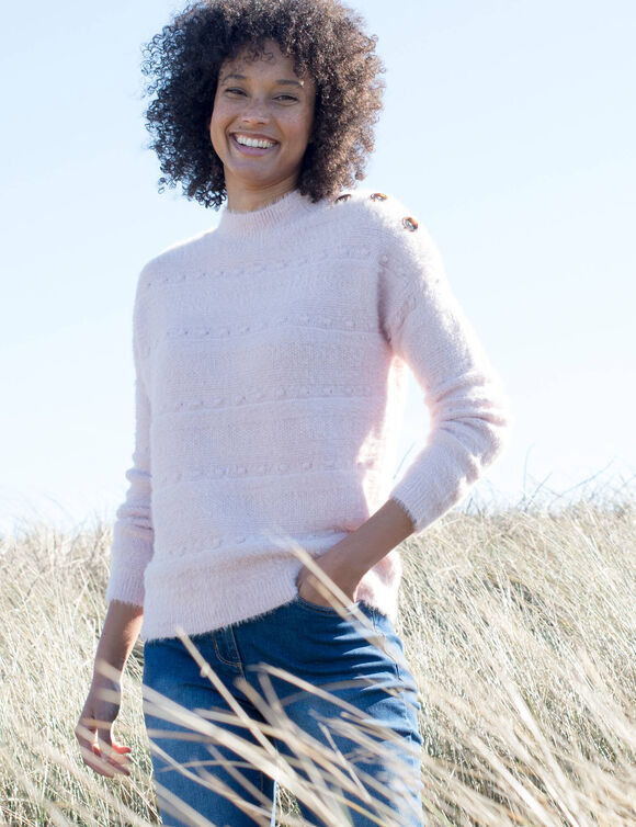 Pull col montant, maille poilue fantaisie (rose poudr&eacute;)