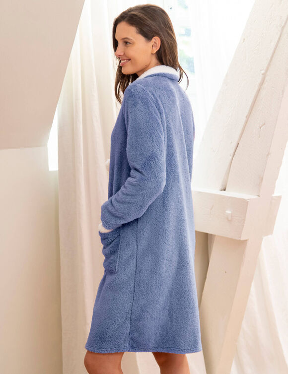 Robe de chambre maille polaire (bleu jean / &eacute;cru)