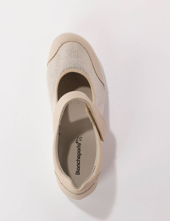 Brede schoenen met riempjes, in leer met rekbare pasjes (beige)