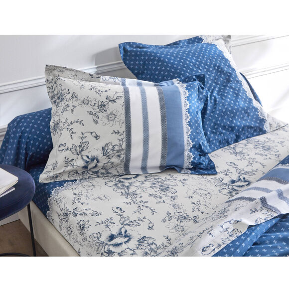 Bedlinnen Gabrielle in flanel met bloemenprint en kant (marineblauw)