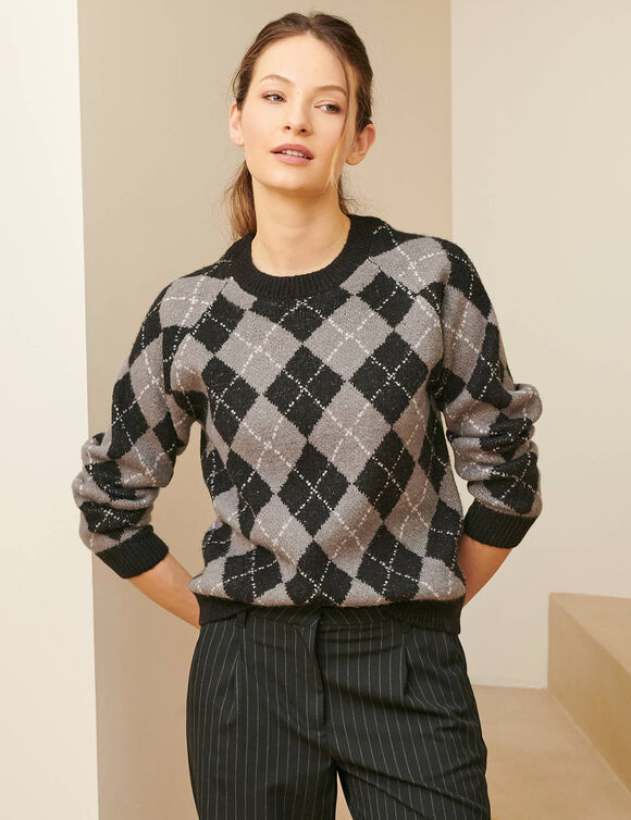 Pull col rond, jacquard motif losanges (noir / gris)
