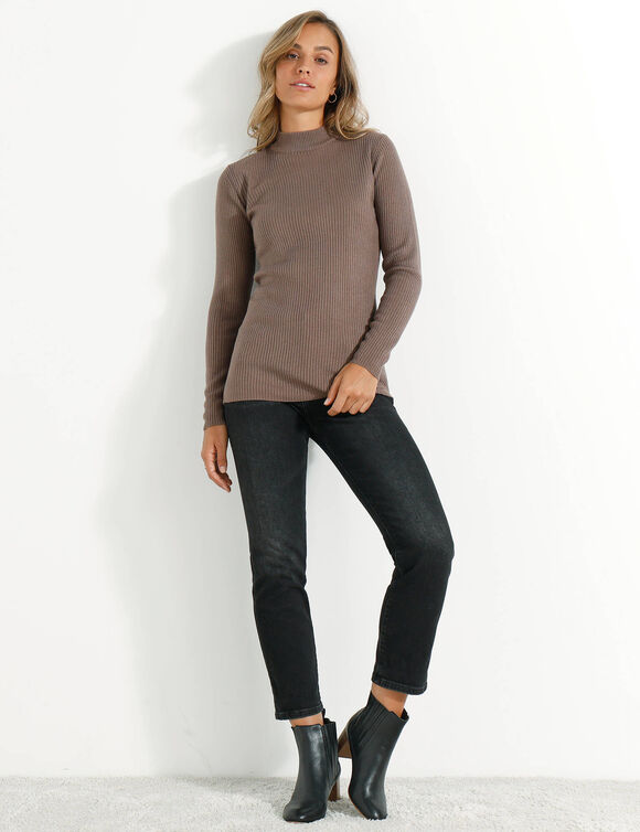 Pull col montant long, maille côtelée (taupe)