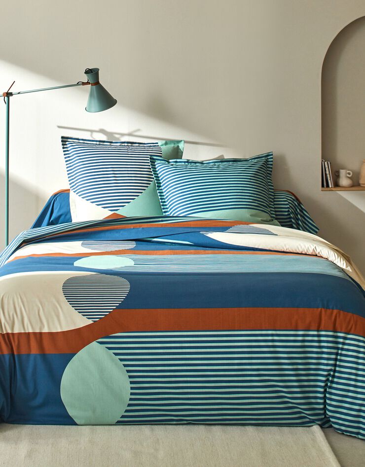 Bedlinnen Nico in katoen met strepenprint in grafische stijl (blauw)