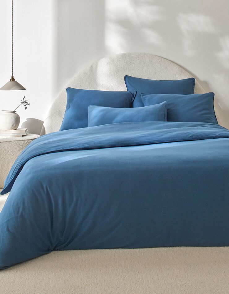 Linge de lit uni en jersey passepoilé coton (bleu)