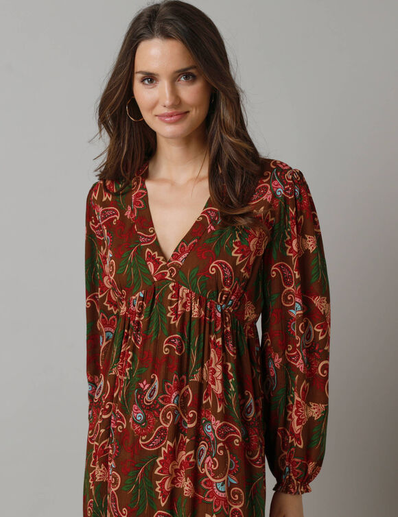Robe longue col V manches blousantes, crépon imprimé (multicolore)