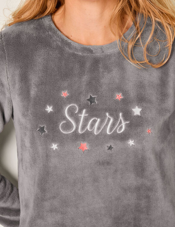 Chemise de nuit longue broderies &eacute;toiles, maille polaire (gris)