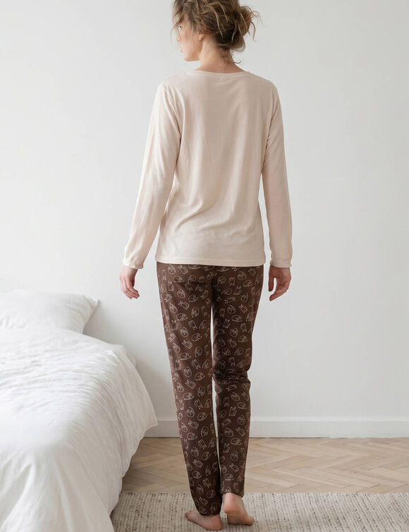 Pyjama motif "chat" manches longues volant&eacute;es  (&eacute;cru / chocolat)