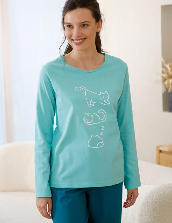 Pyjama met lange mouwen, met kattenprint &ndash; set van 2 (laguneblauw + roze)