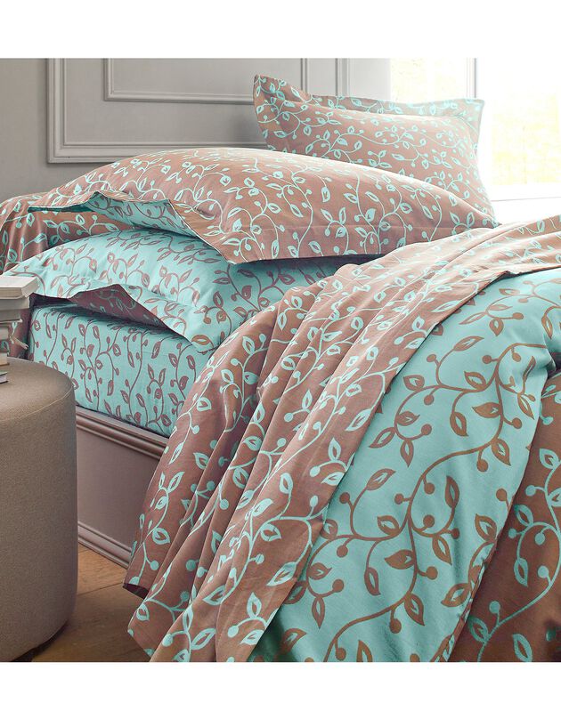 Linge de lit Héritage en coton à motifs volutes, chocolat / turquoise, hi-res