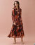 Robe longue volant&eacute;e, voile imprim&eacute; tachiste, taille smock&eacute;e (chocolat / rose)