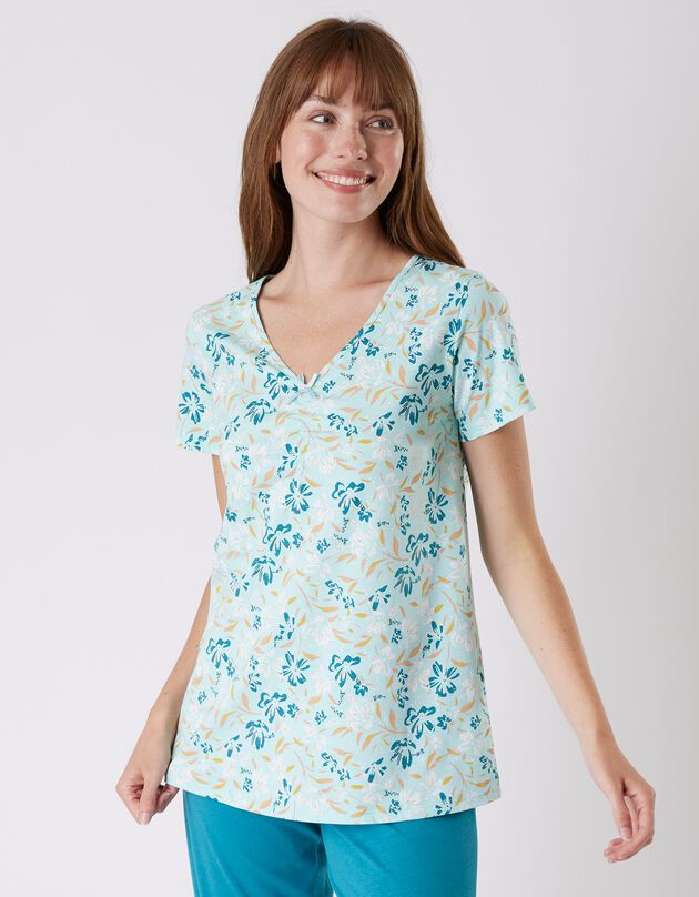Pyjamashirt met korte mouwen en bloemenprint (aqua)