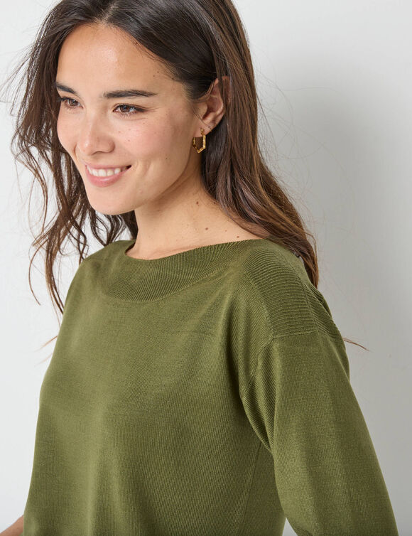Pull col bateau manches 3/4, toucher doux (kaki)
