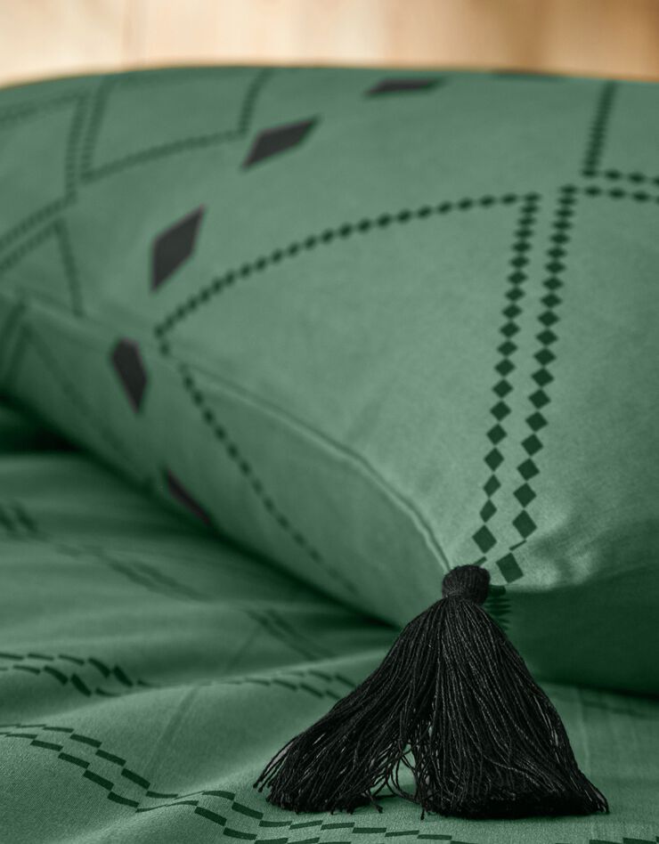 Linge de lit Massai coton à motifs graphiques et finitions pompons, vert Linge de lit Massai coton à motifs graphiques et finitions pompons, vert, hi-res image number 3