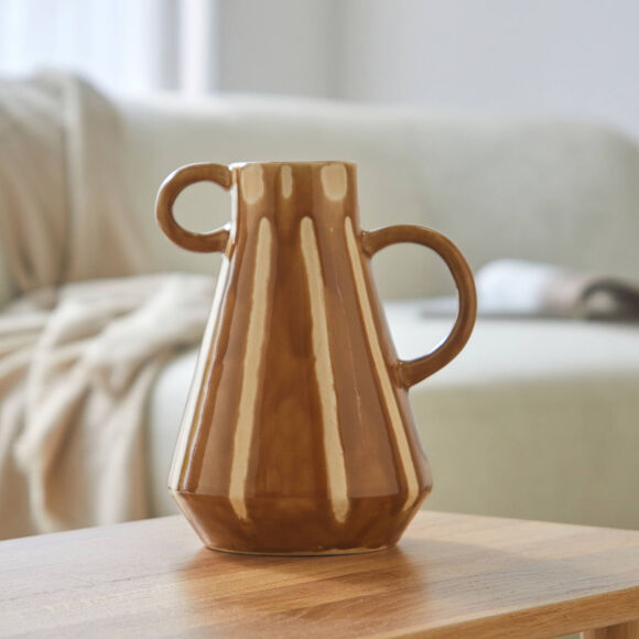 Vaas in aardewerk, gekleurde strepen, 2 handvatten  (karamel/wit)