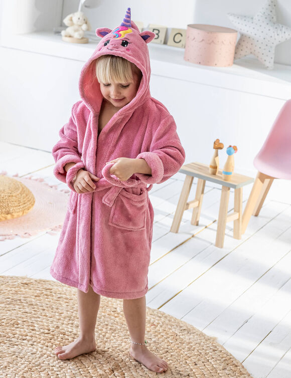 Badjas voor kinderen, eenhoorn, met kap, streelzachte microvezel (roze)