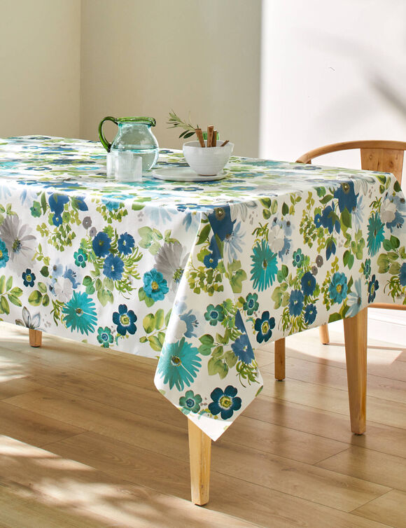 Nappe toile cirée imprimé anémones (blanc / bleu)
