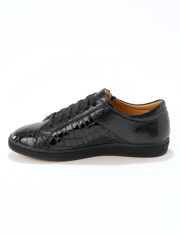 Lage sneakers in soepel leer met kroko-effect en rits (zwart)