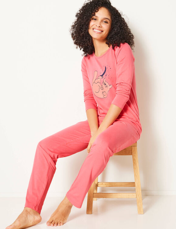 Pyjama met lange mouwen en poesprint (koraal)
