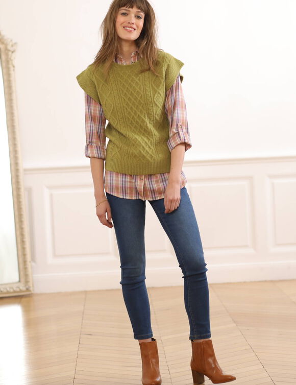 Pull torsadé sans manches, épaules tombantes (vert mousse)